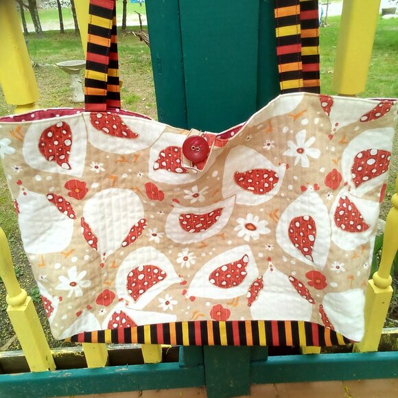 Handmade Tote Chickens  Flowers Striped Handles Polka Dot Lining. 21" X 13" NWOT - Picture 2 of 11